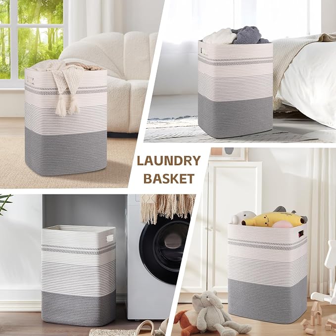 80L Large Cotton Rope Laundry Basket for Bedroom & Laundry Room, Tall Clothes Hamper with Sturdy Handles, Neutral Storage Bin Capable of Holding Blankets and Toys