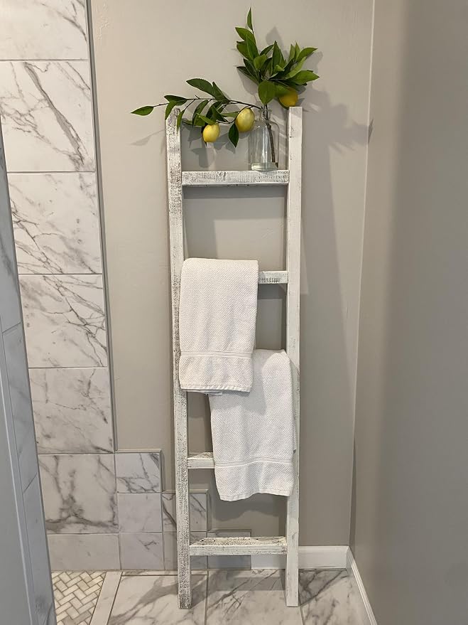BARNWOODUSA Rustic Farmhouse Decorative Ladder - Our 47 inch Ladder can be Mounted Horizontally or Vertically and is Crafted from Refurbished Wood No Assembly Required White