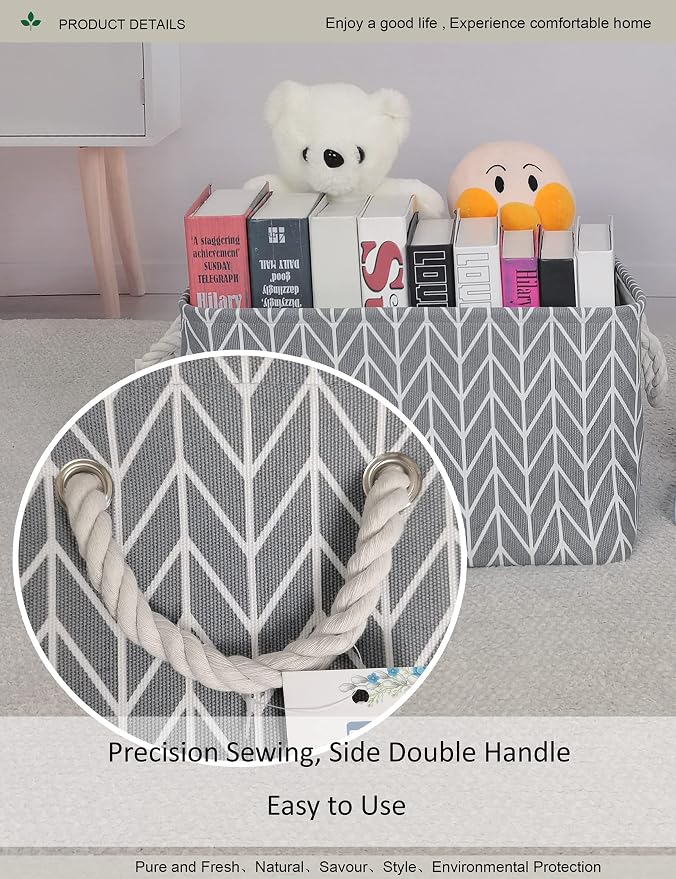 Thick Collapsible Rectangular Storage Bin with Cotton Rope Handles,Grey Chevron Fabric Organizer for Bedroom,Closet,Bathroom (Grey Chevron)