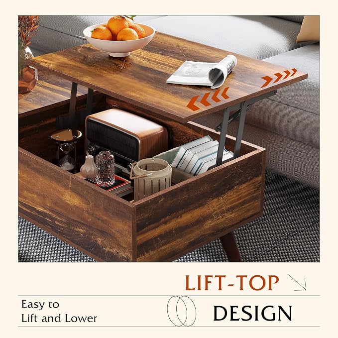 WLIVE Coffee Table with Lifting Top, Hidden Storage & Adjustable Shelf for Living Room Small Space, Multifunctional Rising Wooden Center Table, Mid Century Modern Tables for Home Dining Office, Brown