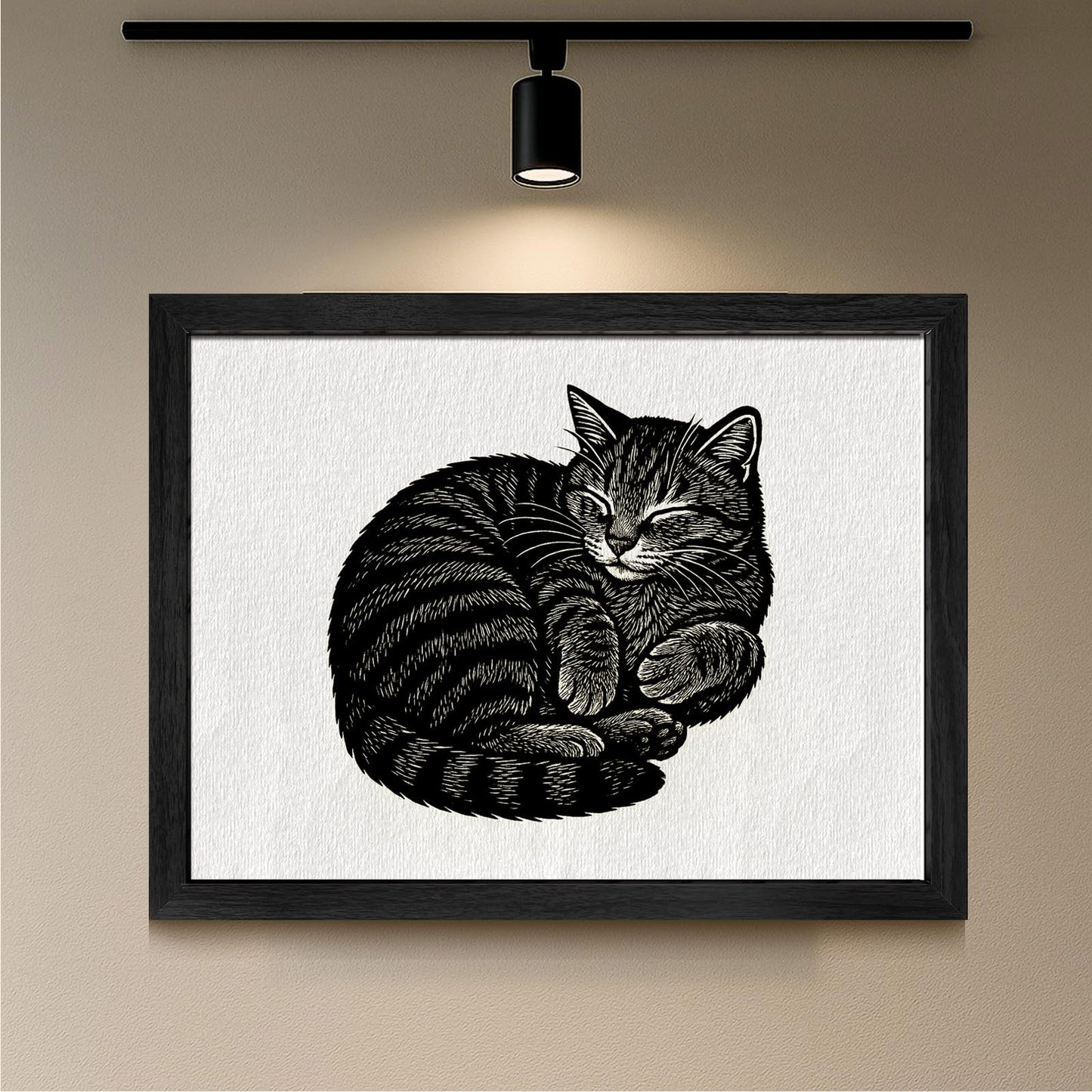 Caelumis Sleeping Cat Wall Art, Black and White Framed Cat Print, Woodcut Style Cat Wall Decor for Living Room, Bedroom or Office, 20 x 16 Inches