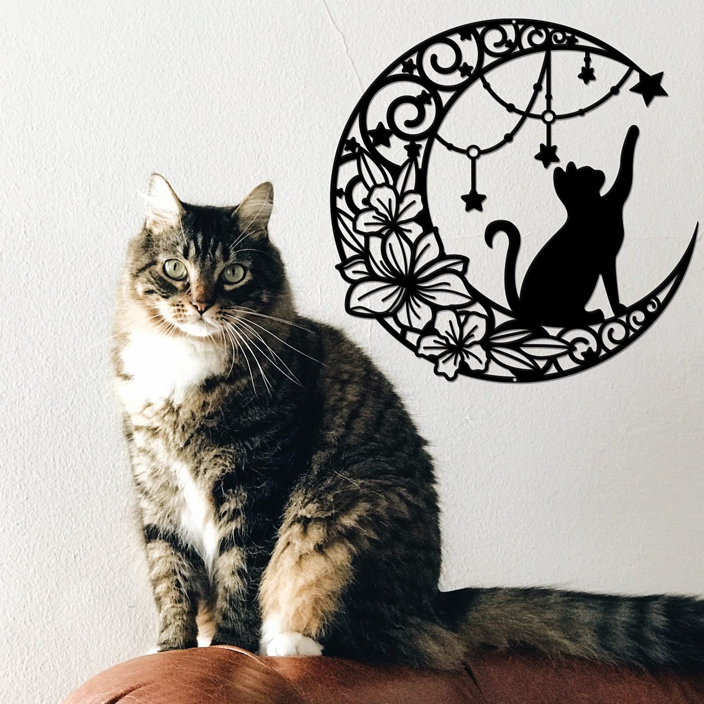 NBEADS Cat Metal Wall Art Decor, 11.8" Moon and Cat Black Wall Hanging Decor Silhouette Wall Art for Home Bedroom Living Room Bathroom Kitchen Office Garden Hotel Wall Decoration