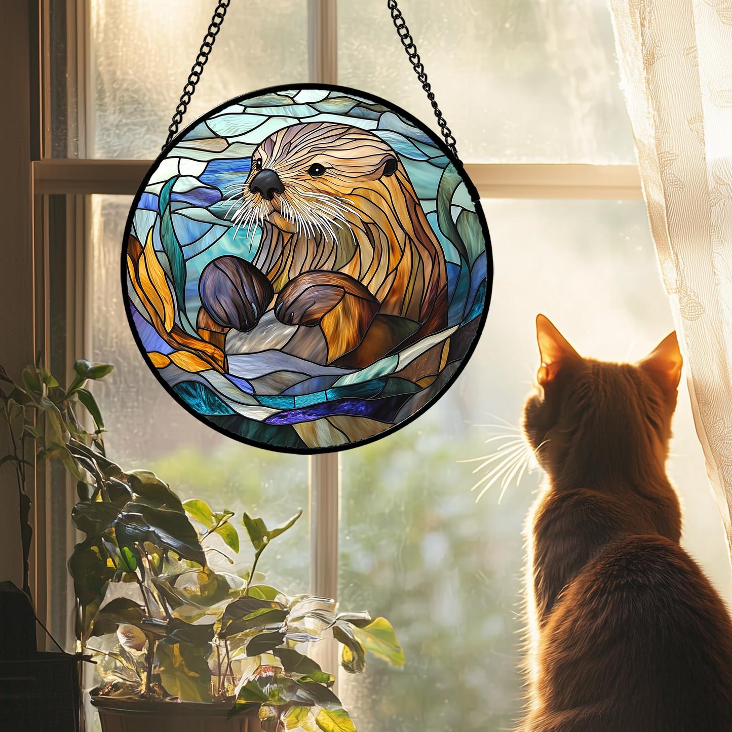 AMDERVEN Stained Glass Suncatcher, Blue Ocean Cute Sea Otter Sun Catcher Stain Glass Window Hanging Decoration Mother's Day Birthday Gifts for Women Men Mom Nana 9.8 in