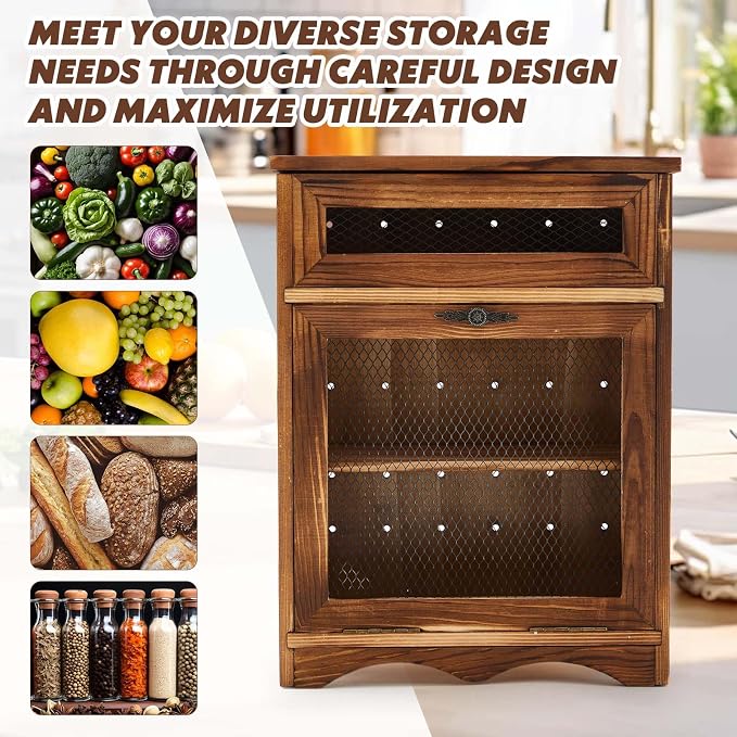 Colingmill Wooden Potato Onion Storage Bin for Kitchen Counter, Farmhouse Vegetable Storage Cabinet with Mesh Door & Lid Rustic Countertop Potato Organizer for Onion Garlic Bread, 11.8 x 6.8 x 16 Inch