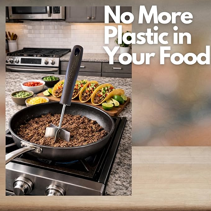 Large Stainless Steel Meat Chopper & Masher | Dishwasher Safe | 6-Blade Ground Beef Chopper Tool | Hamburger Smasher | Oversized Ergonomic Handle | Heat Resistant Grip - 10" (Black 10")