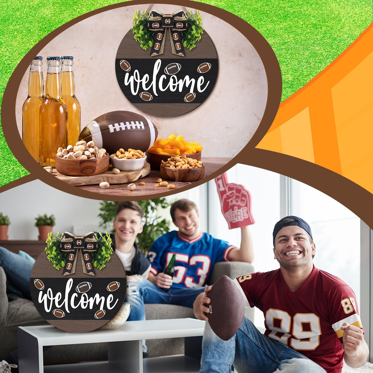 Moucuny Football Wreath for Front Door Football Wooden Welcome Hanging Sign Wreaths with Bow Farmhouse Wall Decoration for Home Front Porch Decor
