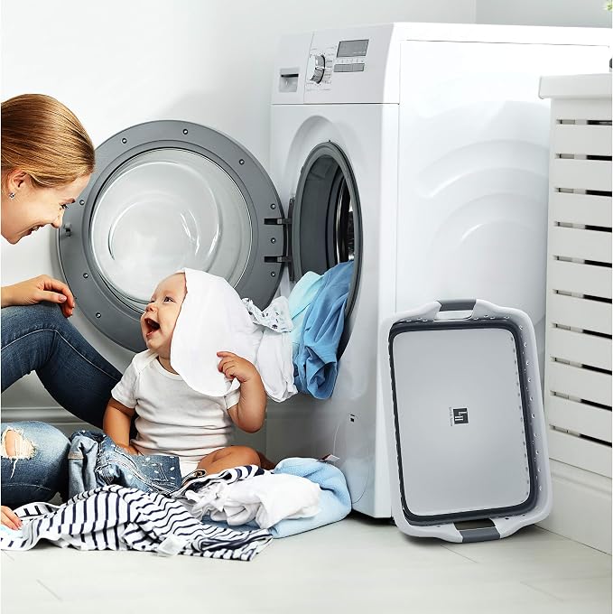 Lavish Home Collapsible Plastic Laundry Basket - Space-Saving Portable Clothes Hamper with Comfort Grip Handles for Laundry Room Organization and Storage (Gray)