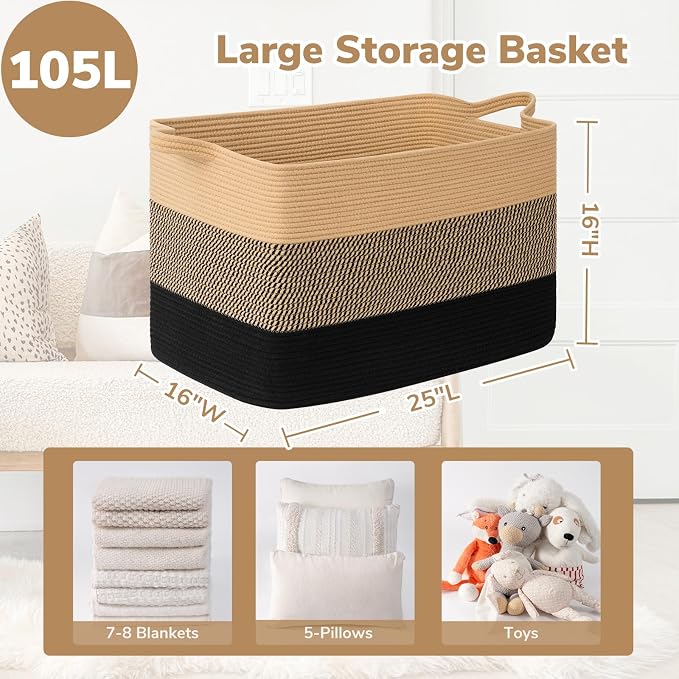 Goodpick 105L Extra Large Blanket Basket 25" x 16" x 16" Cotton Rope Storage Baskets for Organizing, Wicker Laundry Basket with Handles, Rectangle Woven Baskets for Storage, Black & Jute
