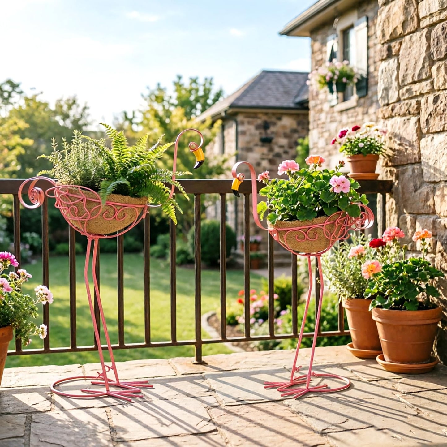Derynome Pink Flamingo Garden Planters, Set of 2 Metal Flamingo Outdoor Planters with Basket, Flamingos Decorations for Indoor Outdoor Garden Decor