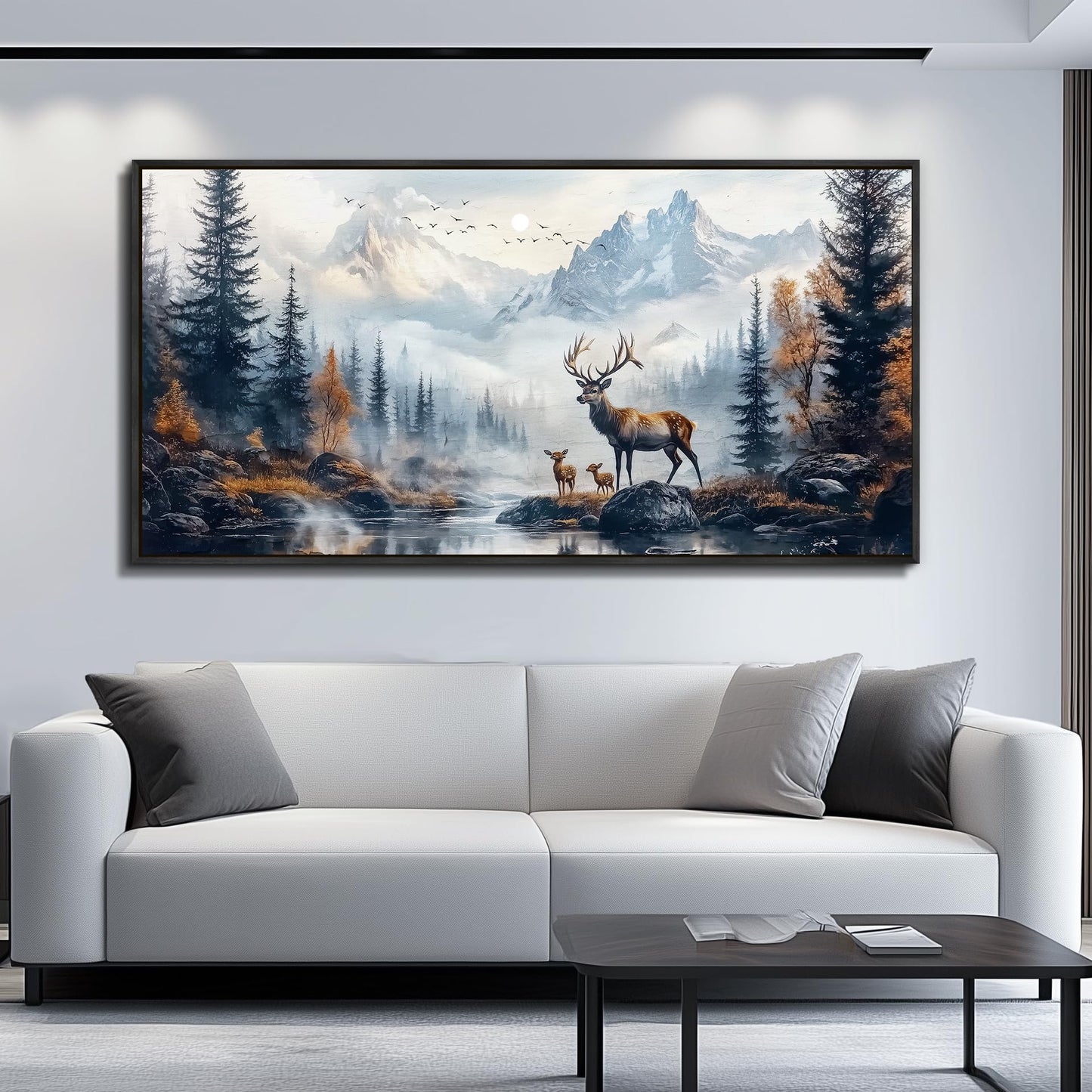KELIYUAN Canvas Wall Art For Living Room Black Framed Wall Decor For Bedroom Office Prints Pictures Elk Foggy Mountain Landscape Painting Scenery Stretched and Framed Wall Art Home decor 20"X40"