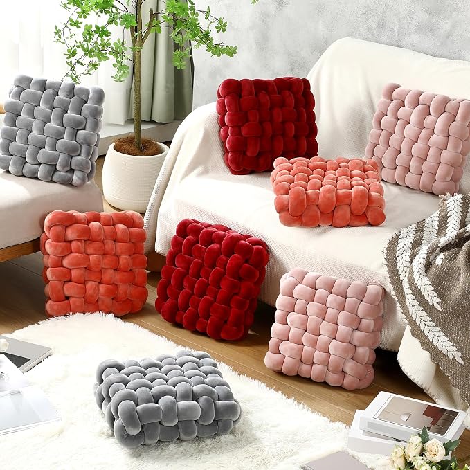 Wenqik 2 Pcs Knot Pillows Square Knotted Plush Throws Soft Accent Pillows Decoration Cushion for Couch Home Office Living Room Bedroom Bed Sofa Decor, 12'' x 13''(Light Gray,Crystal Velvet)