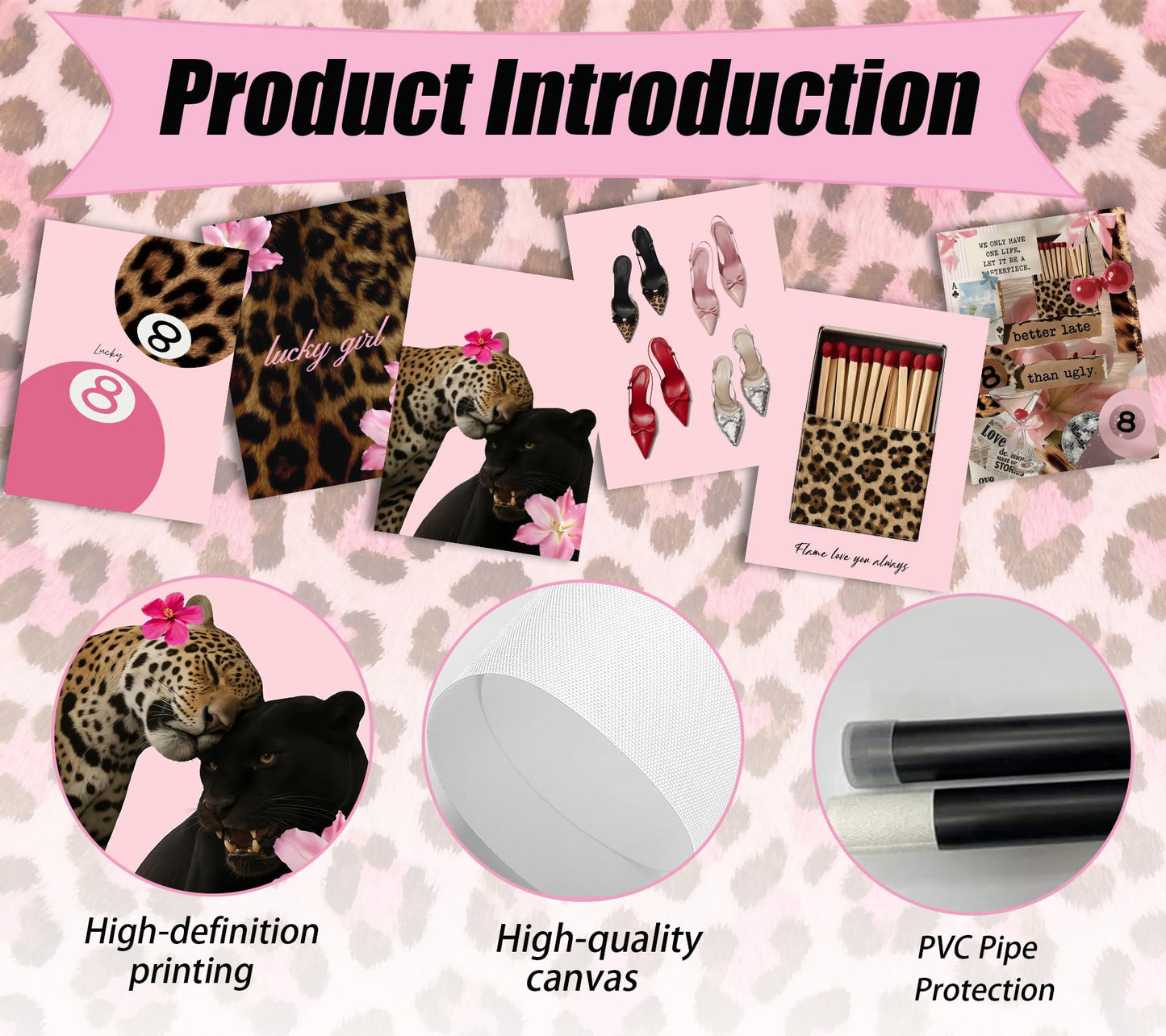 6Pcs Trendy Pink Leopard Canvas Wall art Preppy Y2K Posters Print Artwork Fashion Cheetah Flowers Painting Pictures Wall Decor for Girls' Room Dormitory Apartment Home Decoration 8x10in Unframed