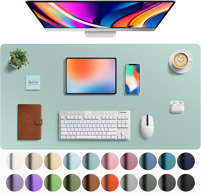 Aothia Faux Leather Desk Mat - Large Mouse Pad, Non-Slip PU Leather Blotter, Waterproof Writing Surface for Office and Home (Light Blue, 40" x 24")