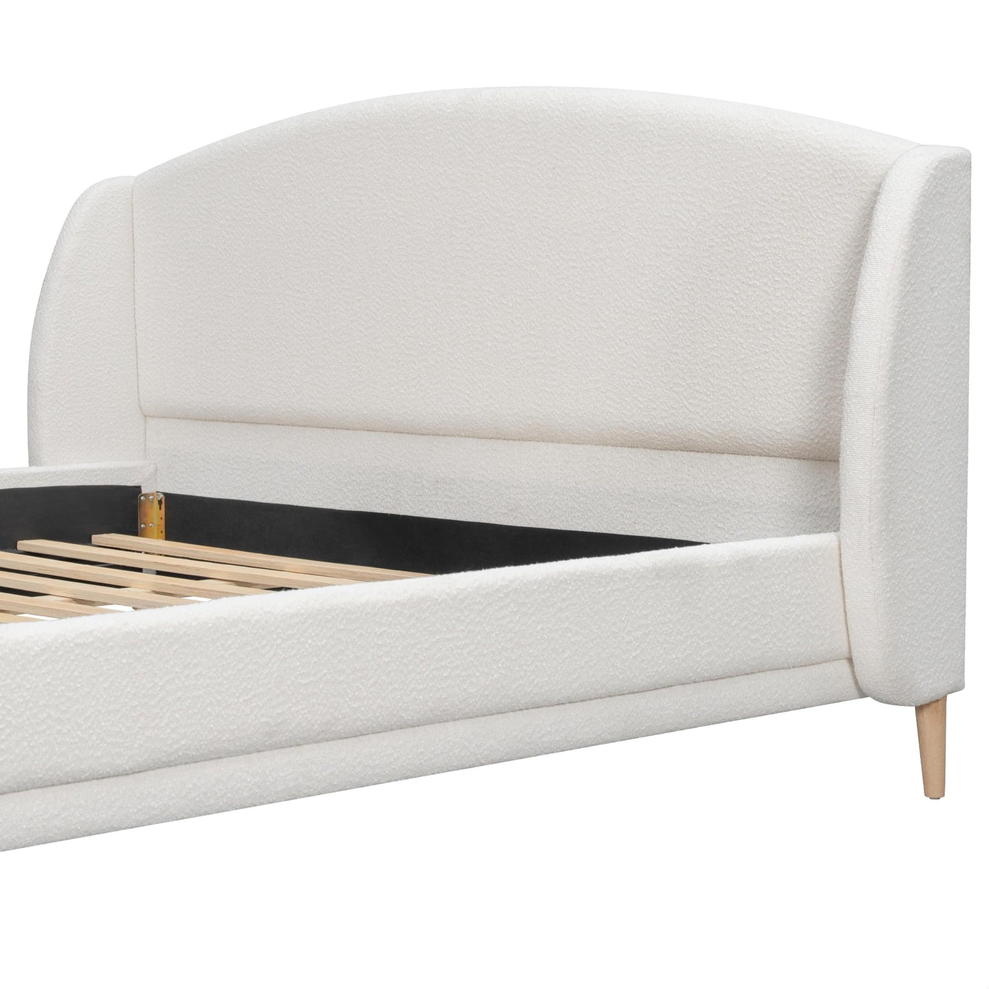 Queen Size Bouclé Upholstered Platform Bed Frame with Wingback Headboard, Rounded Corners, Modern Fabric Bed with Wood Slats Support, No Box Spring Needed, White