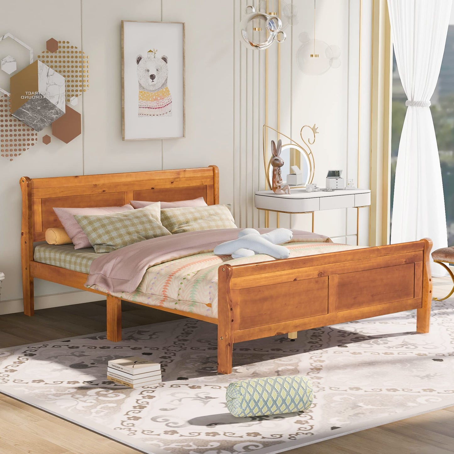GDFStudio Queen Bed Frame, Wood Platform Queen Size Bed Frame with Headboard and Solid Wood Slat Support, Mid Century Modern Wooden Bed Frame for Bedroom Guest Room, No Box Spring Needed, Oak