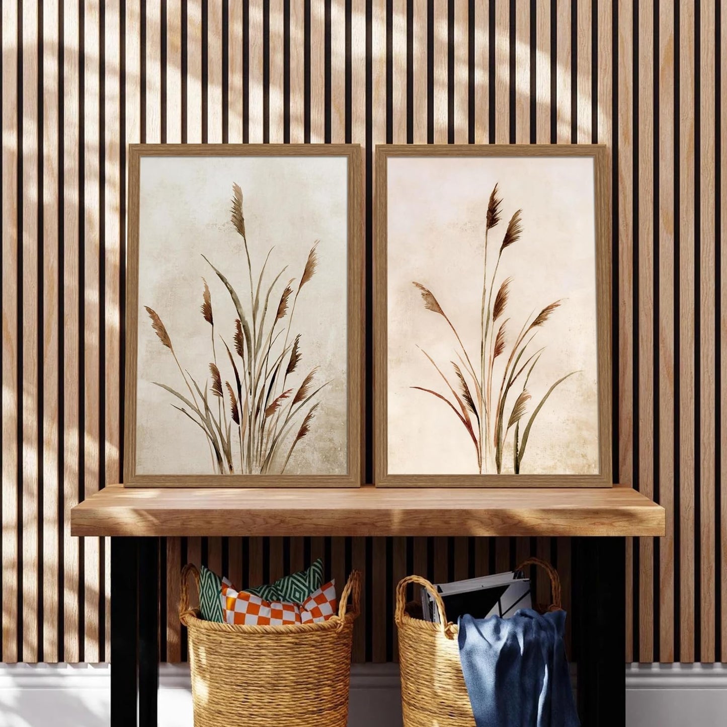 2pcs Framed Bohemian Reed Wall Art,Retro,Country-Style Natural Minimalist Botanical Canvas Painting Suitable For Living Rooms, Bedrooms, And 12 X 16In
