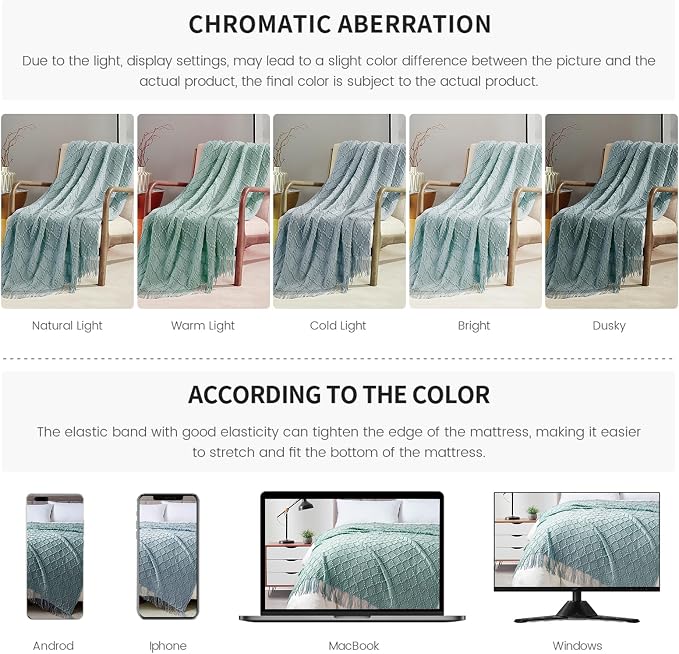 BOURINA Aqua Throw Blanket 50 x70 Inches Jacquard Argyle Throw Textured Solid Soft Throws and Blankets for Sofa or Bed Knitted Decorative Blanket