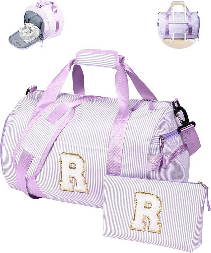 Gifts for Teenage Girls, Girl Gym Bag, Kids Initial Overnight Duffel Bags with Shoe Compartment, Personalized Dance Bag with Makeup Pouch, Easter Basket Essentials (Letter R)