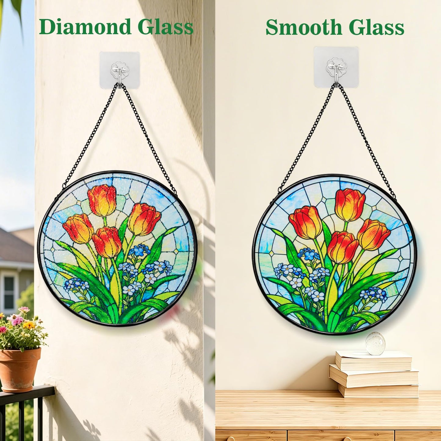 Katinyos 8 Inch Stained Glass Window Hanging, Sun Catcher with Metal Chain and Hooks, Decorative Stained Glass Panel for Garden & Patio (Tulip)
