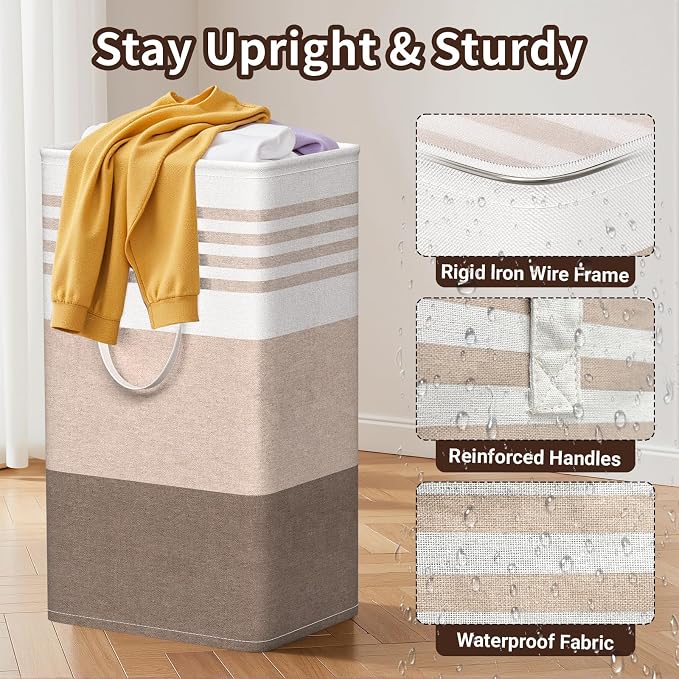 WOWBOX 2 Pack Laundry Baskets, Laundry Hampers, Freestanding Dirty Clothes Hampers with Reinforced Handles & Cross Stitch & Waterproof Coating, for Laundry Bedroom Bathroom Dorm,88L Khaki