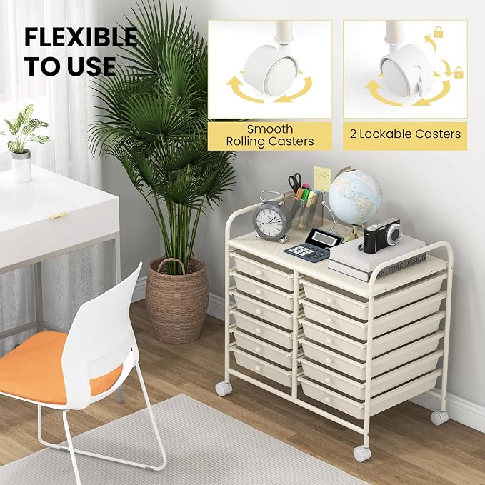 Giantex 12 Drawers Rolling Cart, Mobile Storage Drawer Cart, Classroom Organizer Cart for Office School Supplies Tools Scrapbook Paper Craft Small Printer, Utility Cart on Wheels, White