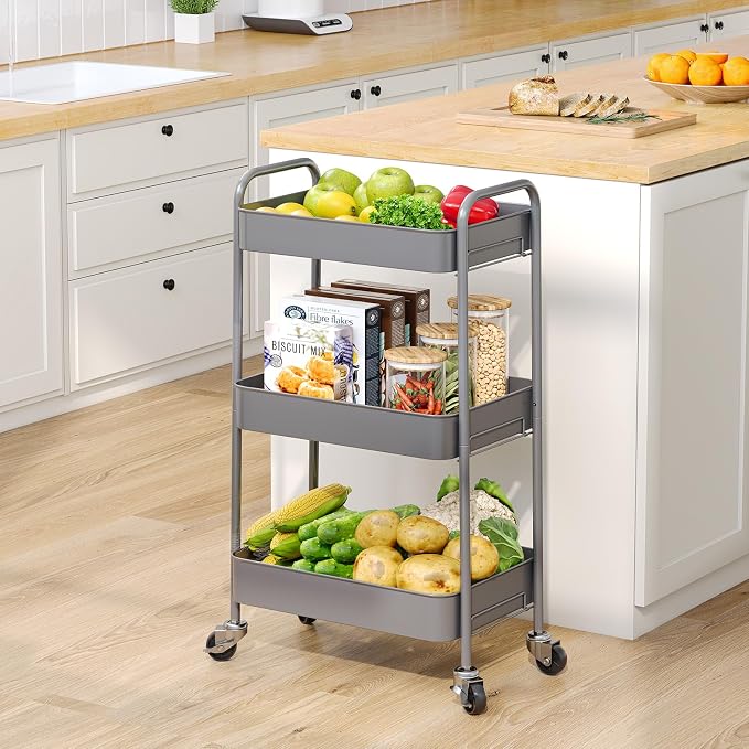 TOOLF 3-Tier Rolling Cart - Metal Utility Storage Organizer with Lockable Wheels, 33 lbs Per Shelf, Tool-Free 5-Min Assembly, for Kitchen Bathroom Office Nursery Craft Room, Grey