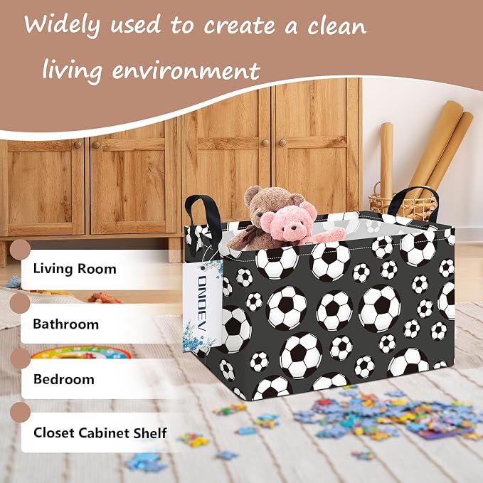 Rectangular Soccer Ball Pattern Storage Bin, Decorative Canvas Laundry Basket with Dual Handles, Foldable Household Toy Organizer, Multipurpose Party Gift Basket for Bedroom Dorm (Soccer)