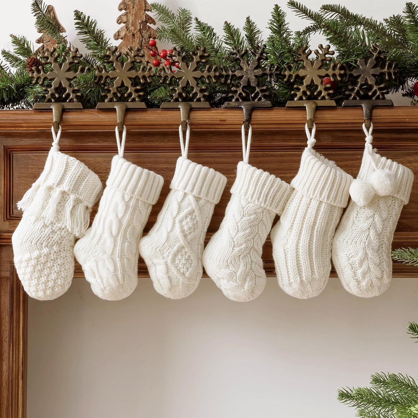 Rustic Mini Knitted Christmas Stockings: 6 Pack 9 Inch Beige Cable Knit Fireplace Stockings, Farmhouse Boho Style Cozy Handmade Hanging Xmas Stocking Decorations for Family Holiday Décor, Cream White