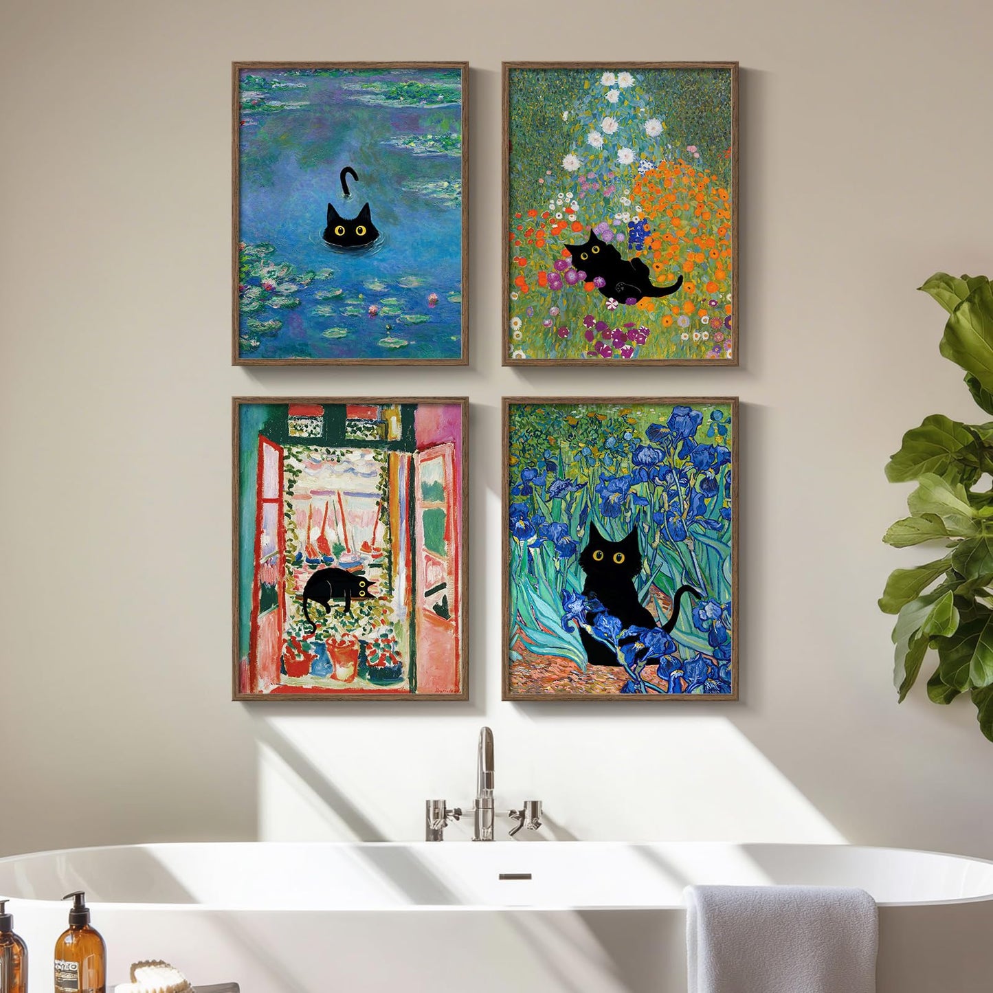 Framed Cat Bathroom Wall Art, 4 Piece Funny Cute Black Cat in Water Lilies Canvas Painting Prints Artwork, Garden Flowers Monet Cat Aesthetic Pictures for Bedroom Kitchen Living Room Home Decor, 11x14