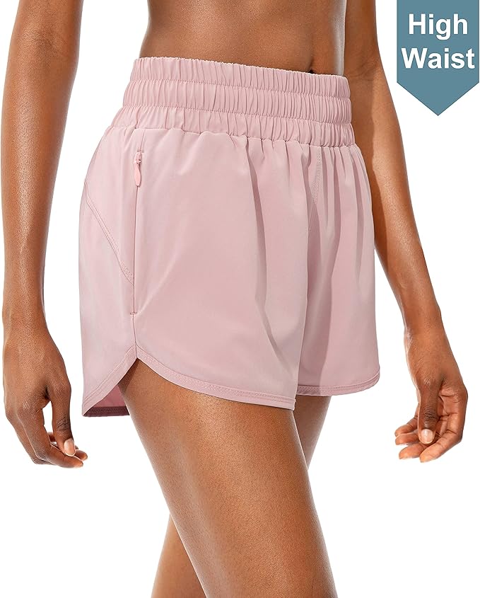 SANTINY Women's Running Shorts with Zip Pockets High Waisted Athletic Workout Gym Shorts for Women with Liner