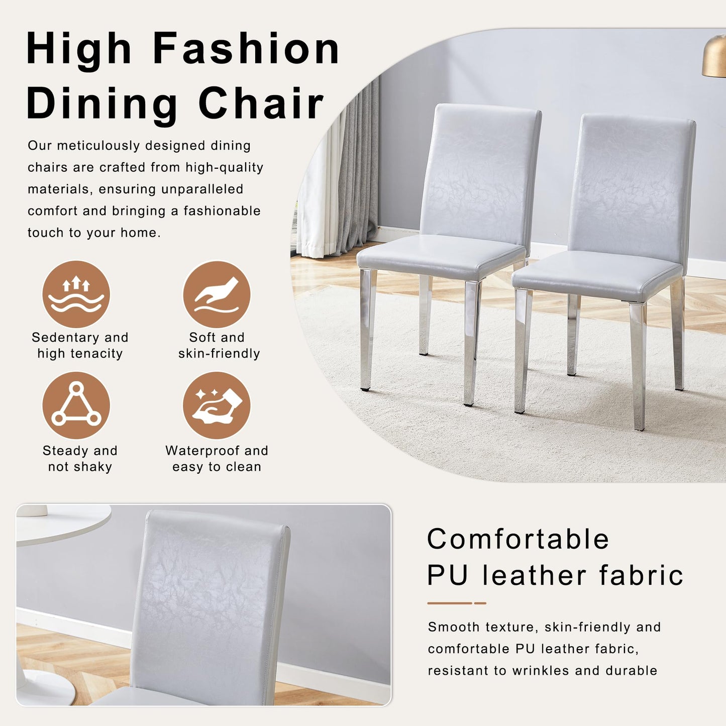 KEIKI 9-Piece Dining Table Set, 71" White Faux Marble Kitchen Table with 8 Light Gray PU Leather Chairs, Modern Dining Room Set with Silver Metal Legs, Large Rectangular Table for Home, Restaurant