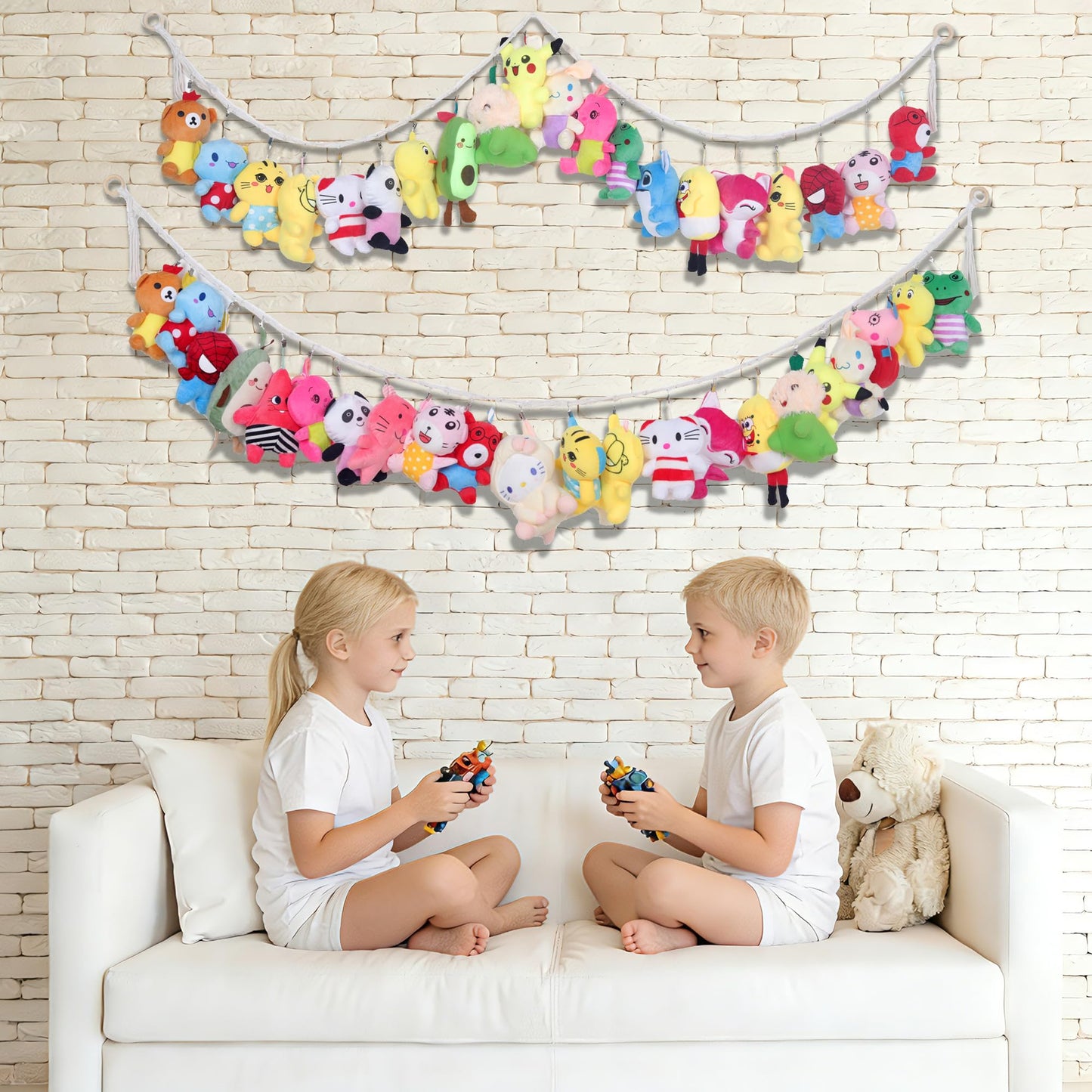 LONCHDAN 80" 2 Pack Cotton Hanging Storage Chain for Stuffed Animals Storage with 40 Metal Clips Stuffed Animal Organizer Chain for Wall Corner Nursery Play Room