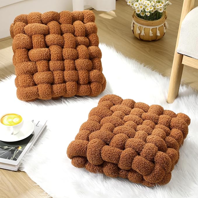 Wenqik 2 Pcs Knot Pillows Square Knotted Plush Throws Soft Accent Pillows Decoration Cushion for Couch Home Office Living Room Bedroom Bed Sofa Decor, 12'' x 13''(Caramel,Lambswool)