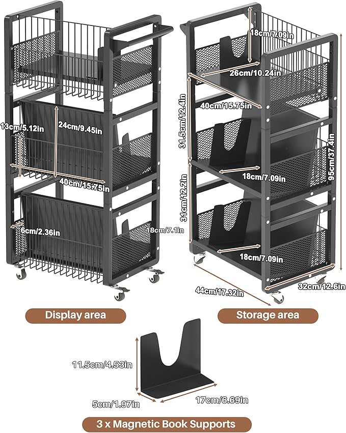 UMDONX Book Cart Heavy Duty Double-Sided with Silent Wheels & 3 Magnetic Book Supports Rolling Bookshelf Library Book Truck for Home, Office, or School