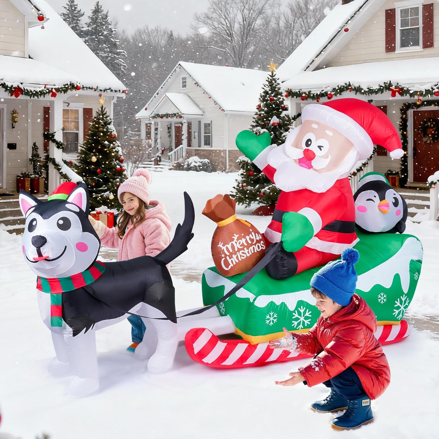 Meland Christmas Inflatables Outdoor - 9.5 FT Christmas Blow Ups Yard Decorations with Lights & Three Characters - Dog, Santa Clause on Sleigh, Penguin, Inflatable Decorations for Outside, Lawn Decor