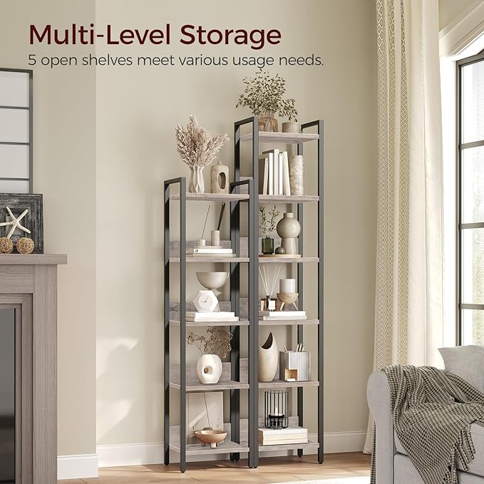 MAHANCRIS 5-Tier Bookshelf, Bookcase, Shelves Organizer for Small Spaces, Storage Shelf Organizer, for Living Room, Bedroom, Study, Balcony, Greige and Black BKHG5501