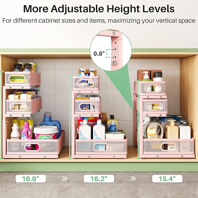 Kitstorack Under Sink Organizer, 1-Pack 3-Tier Height Adjustable Thickened Metal Pull out Cabinet Organizer Shelf, Slide out Storage Drawer Rack for Bathroom Kitchen Pantry Home Organization, Pink