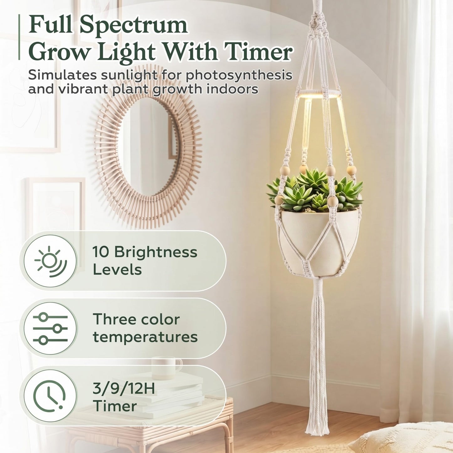 Huquary 3 Pack Macrame Plant Hanger with Grow Light Hanging Boho Planter Basket Flower Holder and Hanging Remote Grow Lights for Indoor Plants Suitable for Different Size Pots(White)