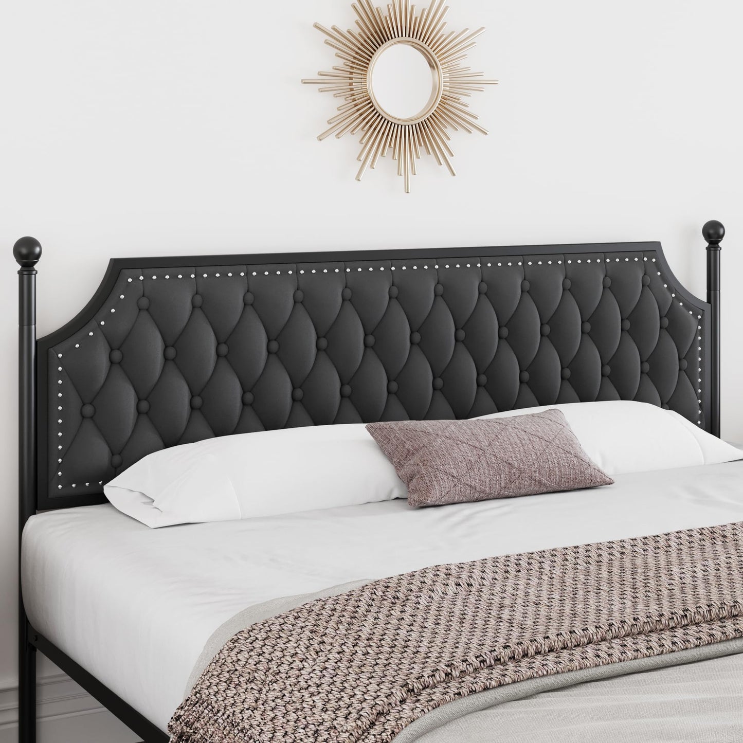Keyluv Full Upholstered Canopy Bed Frame with 2 Storage Drawers & Button Tufted Headboard, Metal Platform Bed with 4 Removable Posts, Two-Purpose Velvet Bed, Dark Grey/Curtain Not Included
