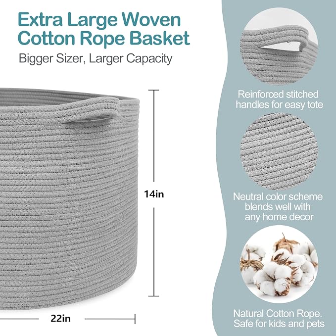 MEGASKET Extra Large Grey Storage Basket, 22" X 22" X 14" XXXL Blanket Basket for Living Room, Gray Wicker Woven Cotton Rope Baskets for Storage, Kids Toy Baskets Bins, Decorative Pillow Towel Basket