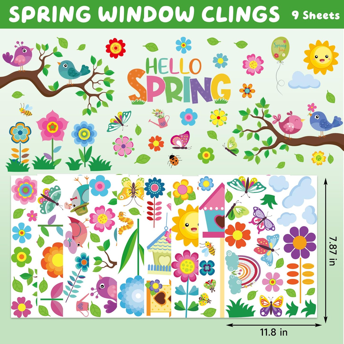 9 Sheets Spring Window Clings for Glass Windows, Spring Decor Window Stickers for Kids, Summer Easter Decals Decorations for Home, Office, Classroom Glass Doors
