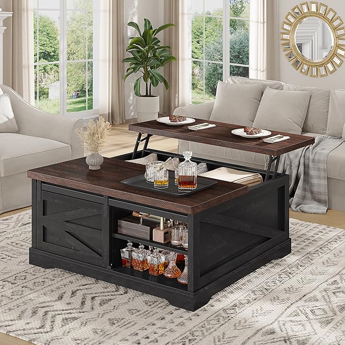 Itaar 39.4'' Lift Top Coffee Table with Storage, Farmhouse Coffee Tables for Living Room, Square Coffee Table with Large Hidden Compartment & 2 Drawers & Adjustable Shelves, Black+Walnut