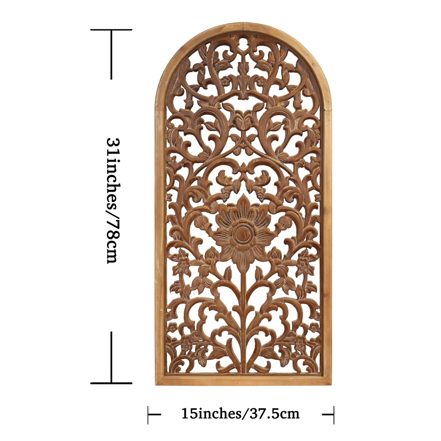 WREVERW Rustic Boho Arched Wood Wall Art, Hand-Carved Floral Panel with Distressed Brown Finish, Vintage Farmhouse Hanging Wall Sculpture for Living Room Bedroom Entryway, 15" x 31"