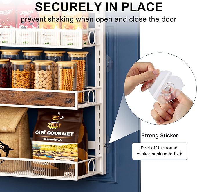 6 Tier Pantry Door Organizer Spice Rack, 2-IN-1 Wall Mount or Hanging Over Door Seasoning Organizer with Adjustable Baskets, Heavy Duty Behind Door Storage Shelves for Pantry, Cabinet and Kitchen