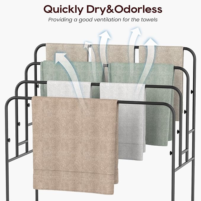 44" Extra Large Free Standing Towel Rack - 4 Tier Outdoor Pool Towel Holder, Versatile Blanket and Quilt Rack Stand for Living Room, Bathroom, Bedroom, Beach, Hot Tub, Gym and Pool Area Outside