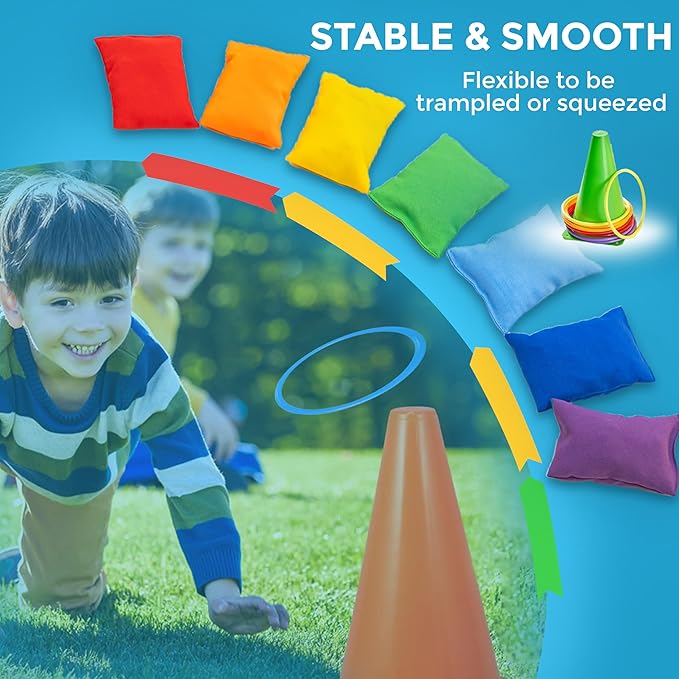 CircleCraft 53 Pcs. Plastic Cones and Rings Games Ring Toss Games for Adults Carnival Games Potato Sack Race Bags Egg & Spoon Bean Bag Birthday Party Outdoor Games for Family Party