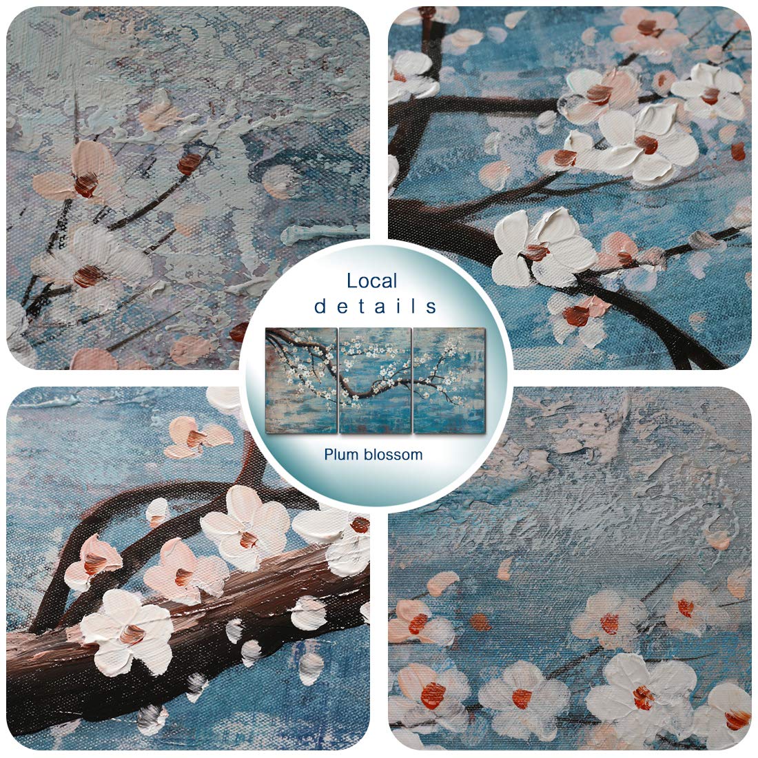 amatop Wall Art for Living Room 100% Hand-Painted Flower Oil Painting On Canvas Gallery Wrapped Large Framed Floral Plum Blossom Tree Teal Blue Artwork for Home Bedroom Decor 48"x24"