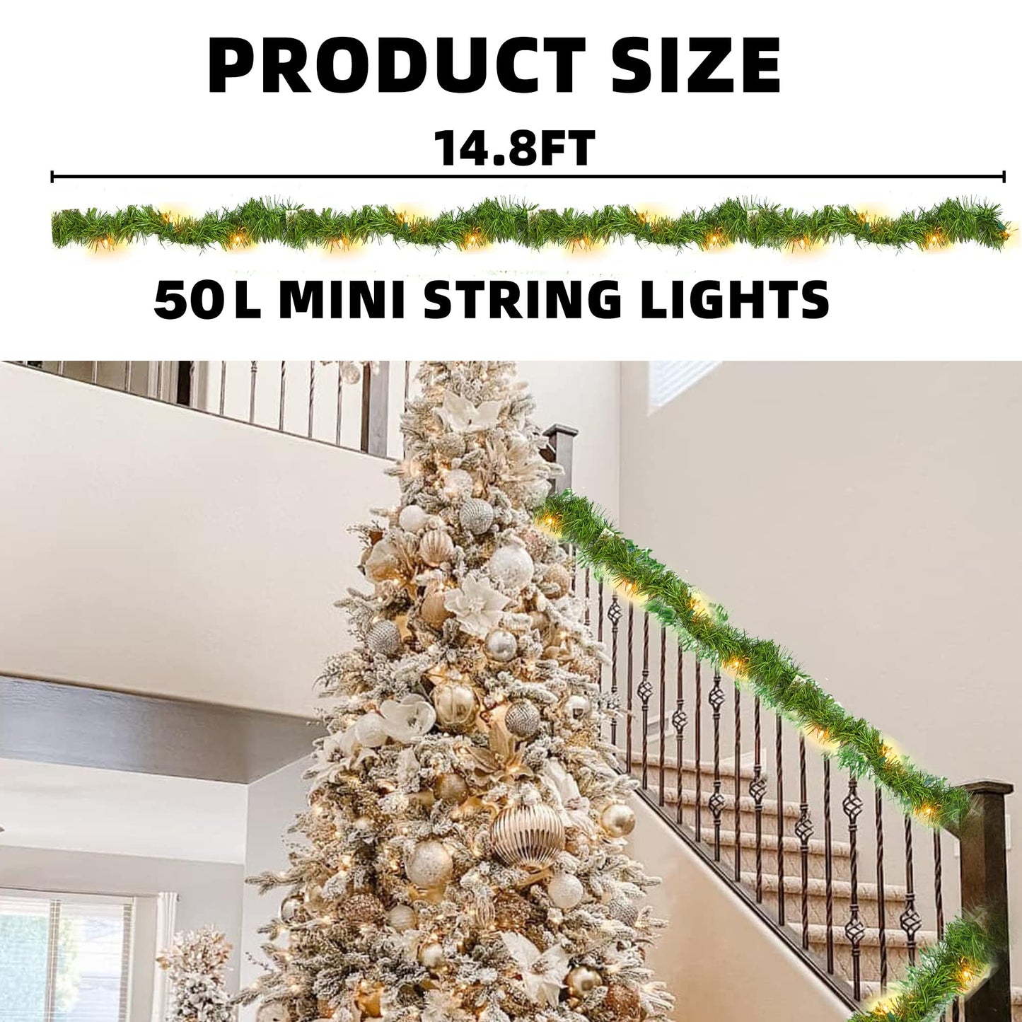 Nerosun 14.8 FT Artificial Christmas Garland, 50 Pre-Lit LED Mini String Lights Battery Operated Xmas Garland for Home Stair Railing Indoor Wedding Party Christmas Ornament Decorations (Warm White)