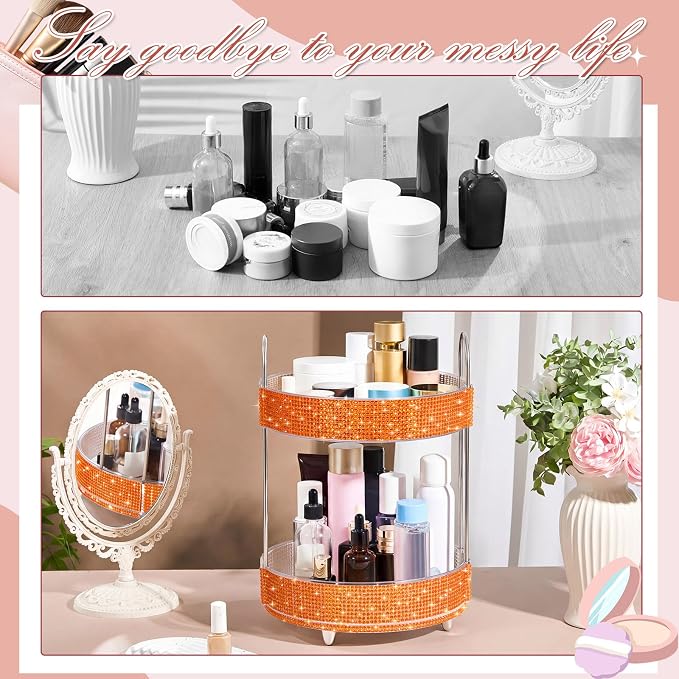 Honeydak 360 Rotating Perfume Organizer Gift for Women, Rhinestone Preppy Skincare Organizer Bathroom Counter Makeup Holder Skincare and Perfume Storage for Cosmetic(2 Tiers,Resin Diamond,Orange)