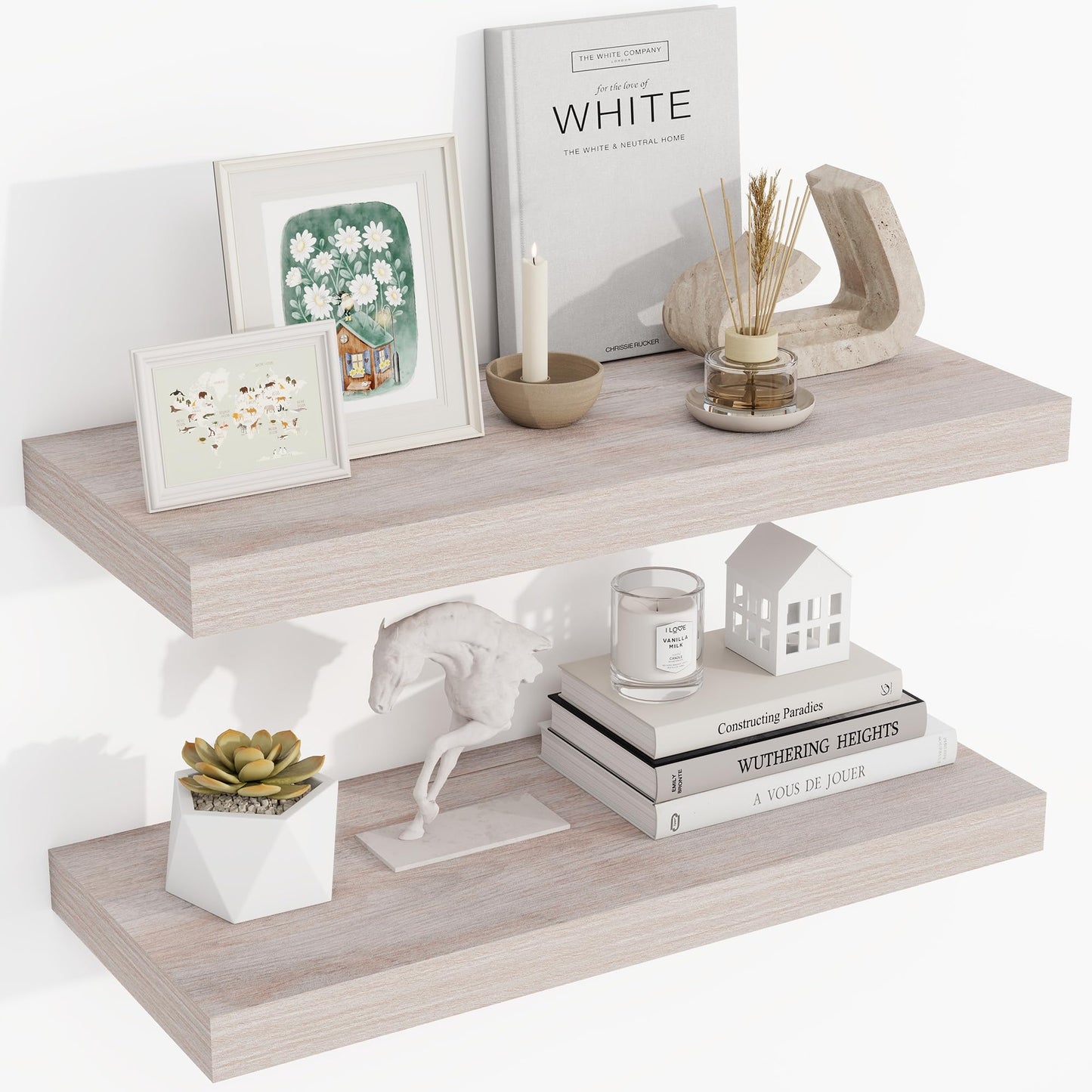 Acovy 24 Inch Floating Shelves, 3D Textured Wood Grain, 24"x9.25"x1.5" Inch Deep Floating Shelves for Wall, Wooden Shelves for Bathroom, Bedroom, Living Room, Washed White, 2 Pieces